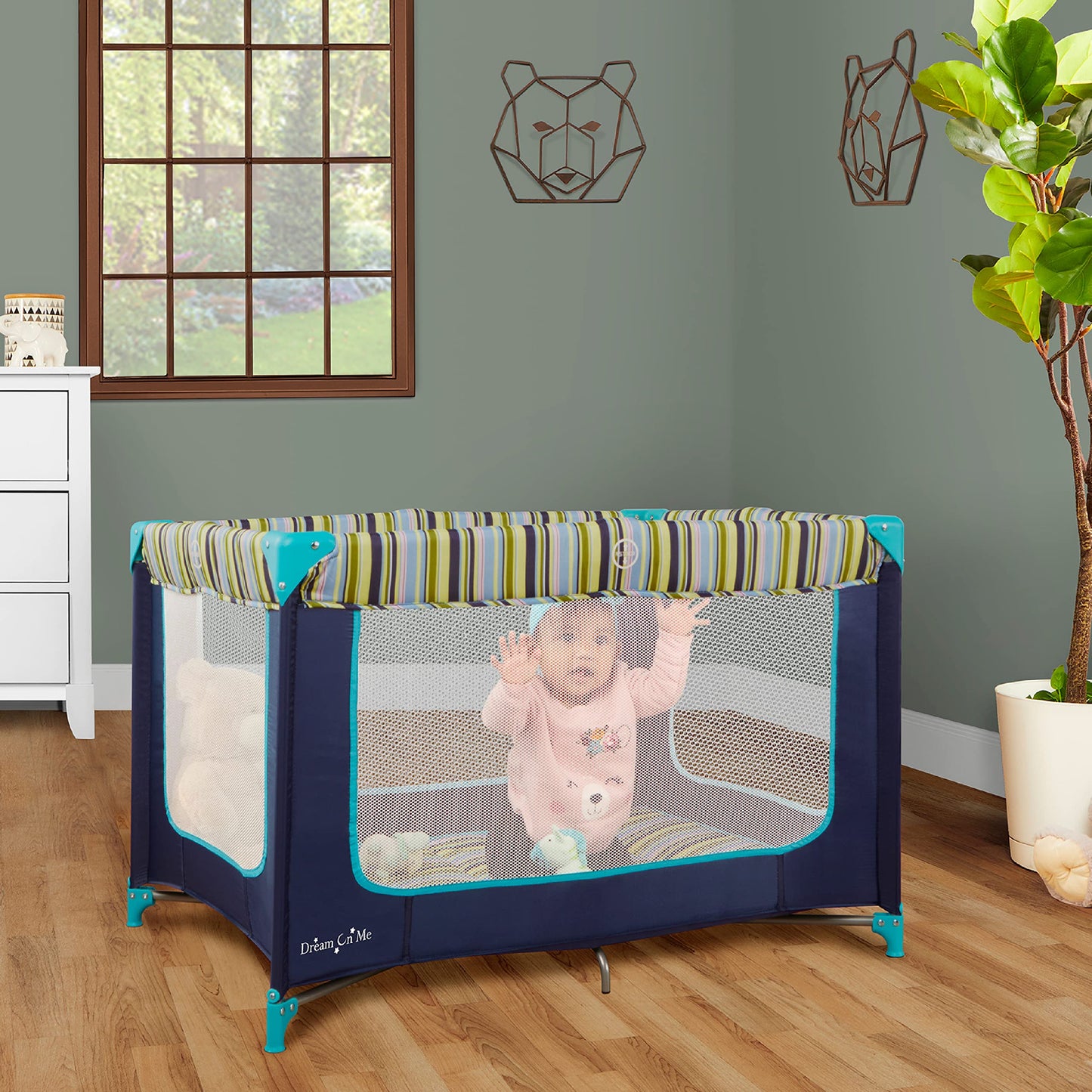 Dream On Me Zodiak Baby Playard, Breathable Mesh Sides, Soft Comfortable Mattress, Quick & Easy to Fold with Travel Carry Bag, Compact Space Saving Design - Navy