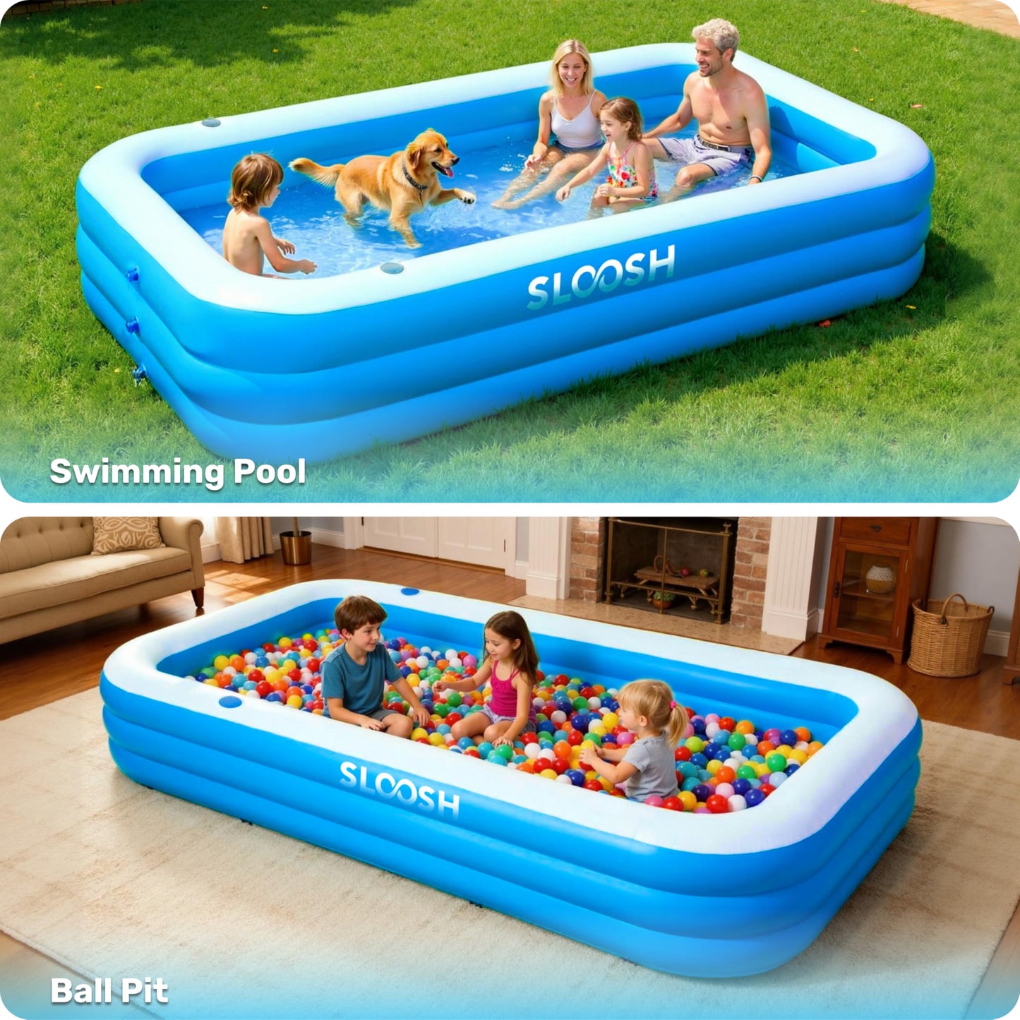 SLOOSH Inflatable Pool for Adults with Seats, 120" x 72" x 22" Full-Sized Blow Up Durable Thickened Above Ground Family Pool, Large Swimming Pools for Backyard Garden Lawn Summer Water Party, Blue
