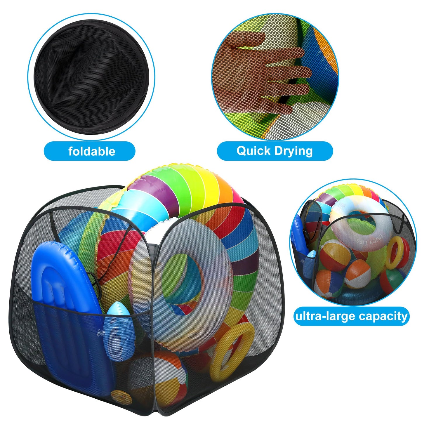 Adnee Pool Toy Storage Bin-30'' x 30'' x 30'' Nylon Mesh Pool Organizer with Side Pocket-105 Gallon Quick Drying Pool Storage for Float, Beach Balls,Towel and Other Swimming Accessories