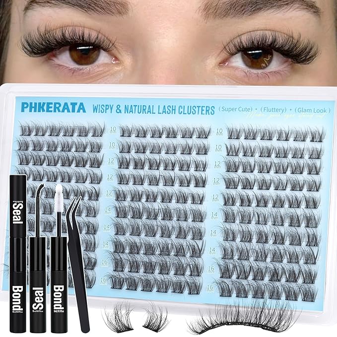 PHKERATA Lash Clusters Kit Natural Eyelash Clusters Wispy Lash Extension Kit 180Pcs Cluster Eyelash Extensions Kit 10-16mm C Curly Individual Lashes Soft with Lash Bond and Seal, Lash Tweezers