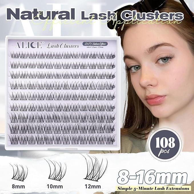 ALICE Natural Short Lash Clusters Wispy 8-12mm Cluster Eyelash Extensions Individual Lashes C-Curly DIY Lash Extensions Soft Thin Band Eyelash Clusters