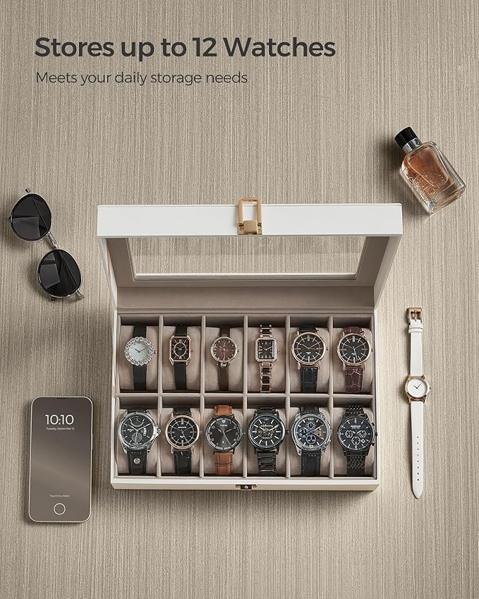 SONGMICS Watch Box, 12-Slot Watch Case Organizer with Large Glass Lid, Removable Pillows, Gift for Loved Ones, Cloud White Synthetic Leather, Cappuccino Beige Lining UJWB120W01