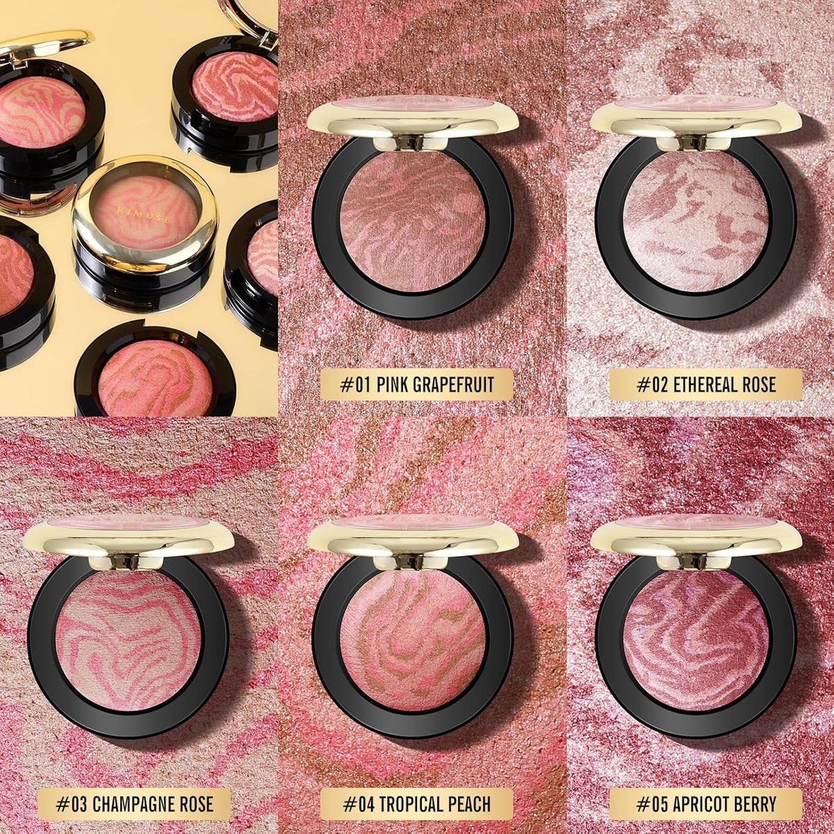 KIMUSE Baked Blush, Lighting Glow Marbleized Blush Powder Blush, Contour & Highlight Face for a Creamy Lightweight Natural Finish
