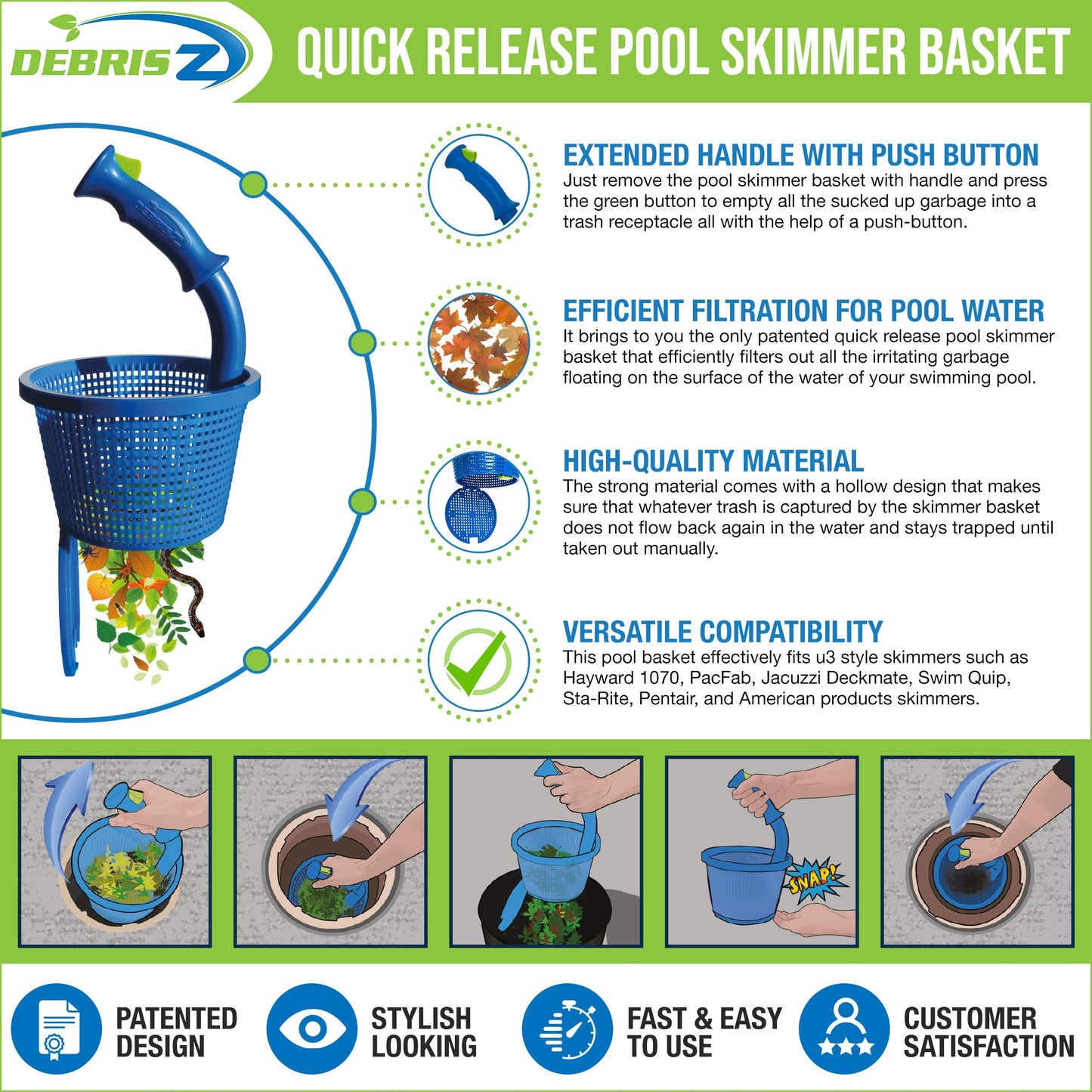 DebrisZ B9 Skimmer Basket for Inground Pool - Patented Handle & Quick Release Empty. New Heavy Duty Design with Greater Strength, Fits Popular U3 Style Pool Skimmers