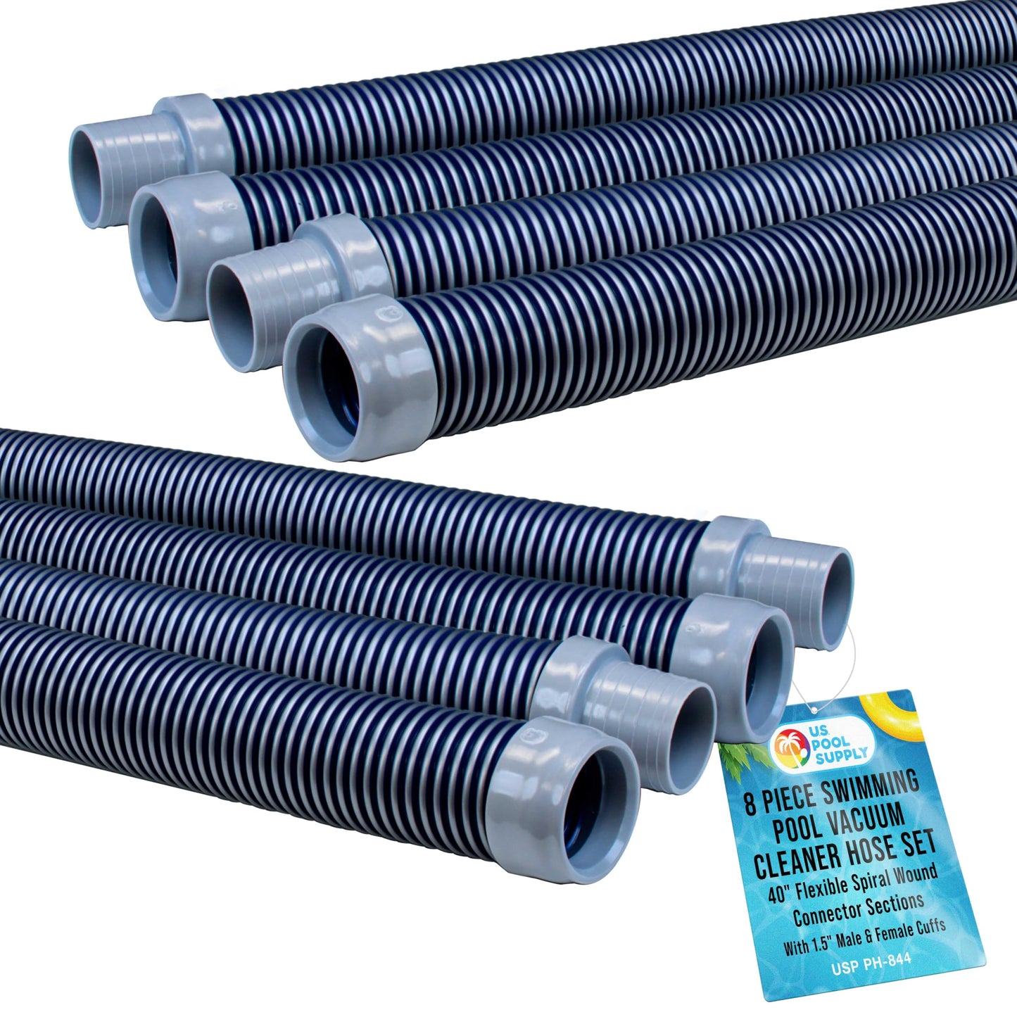 U.S. Pool Supply Pool Vacuum Hose, 8 Piece Pool Hose Set - 40" Blue Flexible Spiral Wound Connector Sections with 1.5" Male & Female Cuff Ends, Replacement Fits Most Inground Automatic Cleaner Brands