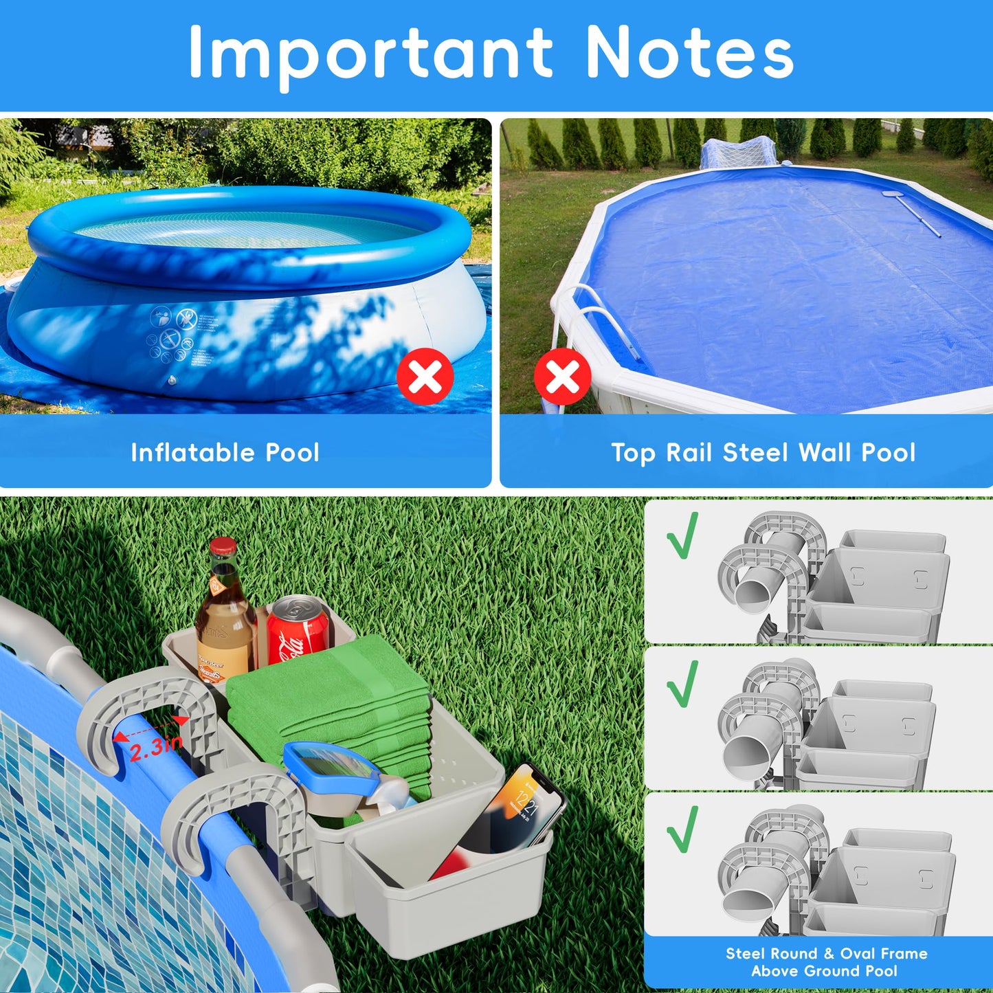 Kompoll [Patented] Poolside Storage for Above Ground Pool Accessories, Thickened Plastic Pool Basket with 2 Pool Cup Holder, Multifunctional Poolside Holder Fits for Most Frame Pools (2 Pack)