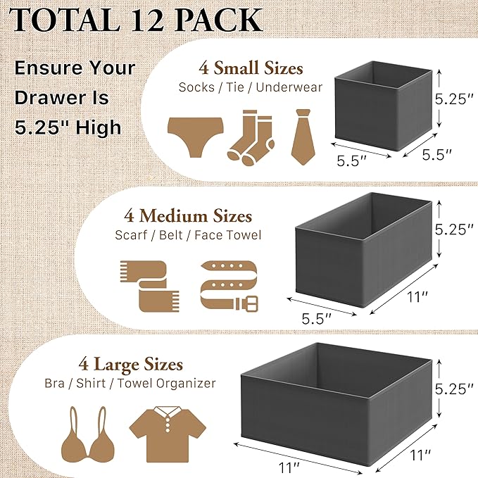 Simple Houseware Foldable Drawer Organizer for Clothes/Underwear/Panty/Onesie Stocking Bin, Set of 12, Dark Gray