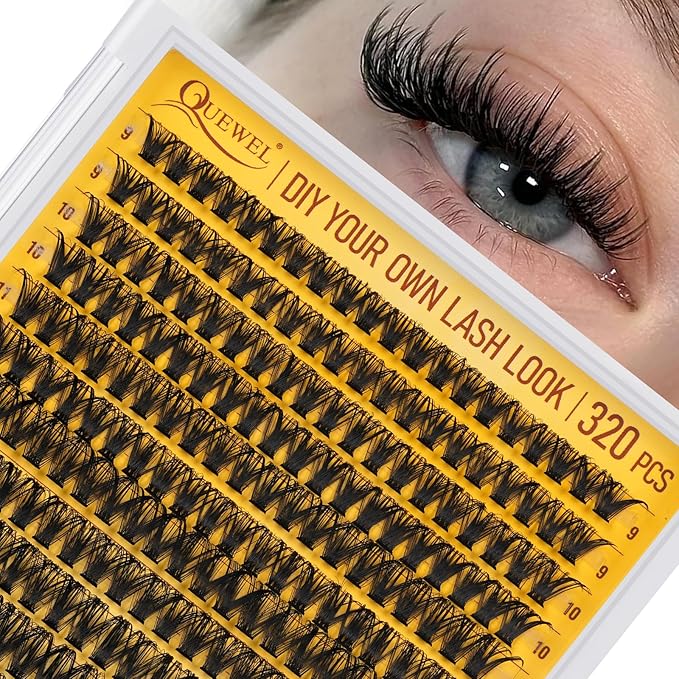 QUEWEL Lash Clusters 320Pcs Cluster Lashes 50D D Curl Lash Cluster Eyelash Extensions Mix9-16mm Individual Eyelashes Clusters Wispy Lash Clusters Thin Band Soft to Use at Home(50D D Mix9-16)