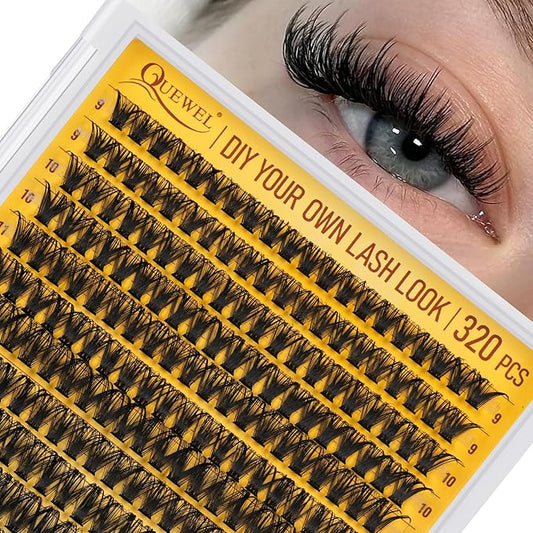 QUEWEL Lash Clusters 320Pcs Cluster Lashes 50D D Curl Lash Cluster Eyelash Extensions Mix9-16mm Individual Eyelashes Clusters Wispy Lash Clusters Thin Band Soft to Use at Home(50D D Mix9-16)