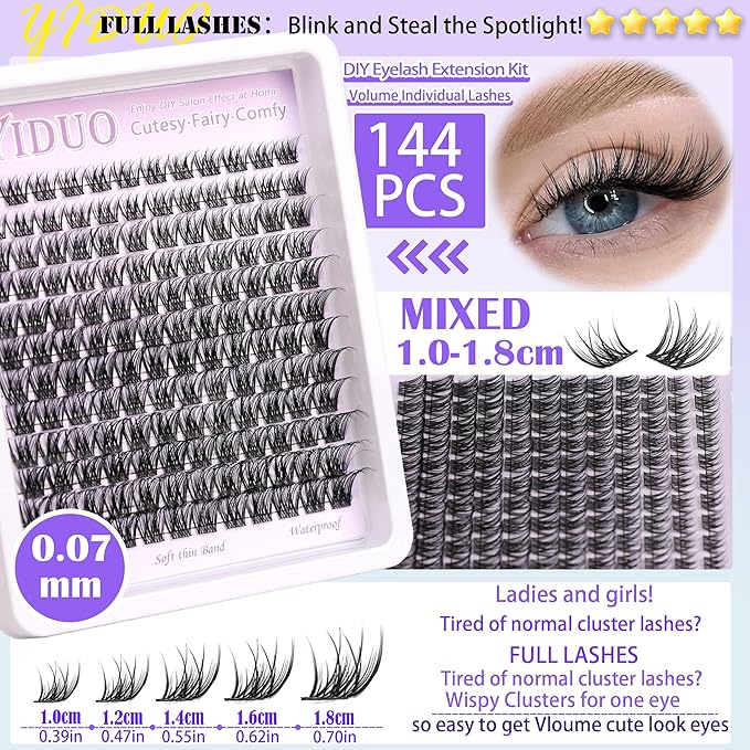 YlDUO 3 Style Lash Clusters Kit Wispy Clusters Eyelash Extensions Kit 10-18mm Individual Lashes Extension, DIY Natural Soft Thin Band Fake Eyelash Kit with Bond and Seal*2|Tweezers|Removers
