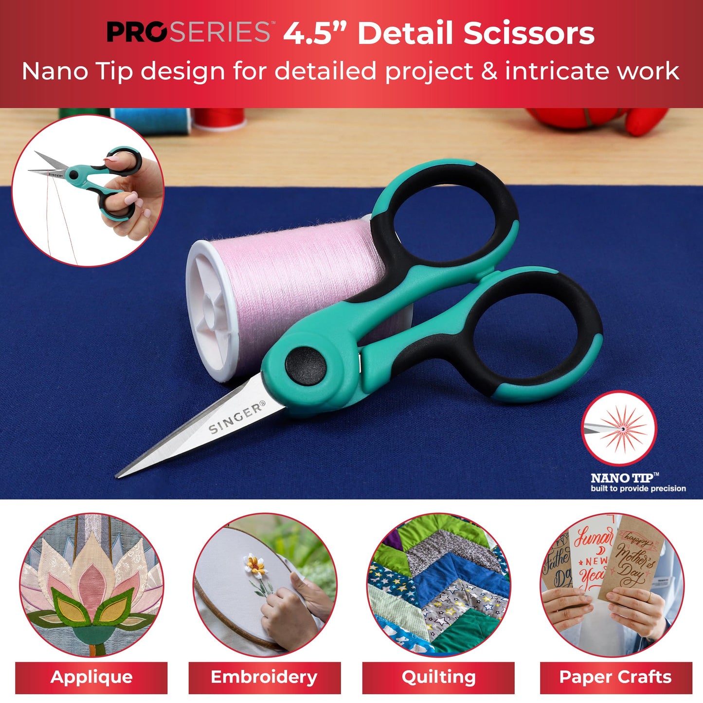 SINGER ProSeries Sewing Scissors Bundle: 8.5" Heavy Duty Fabric, 4.5" Detail Embroidery, 5" Thread Snips With Comfort Grip (Teal)