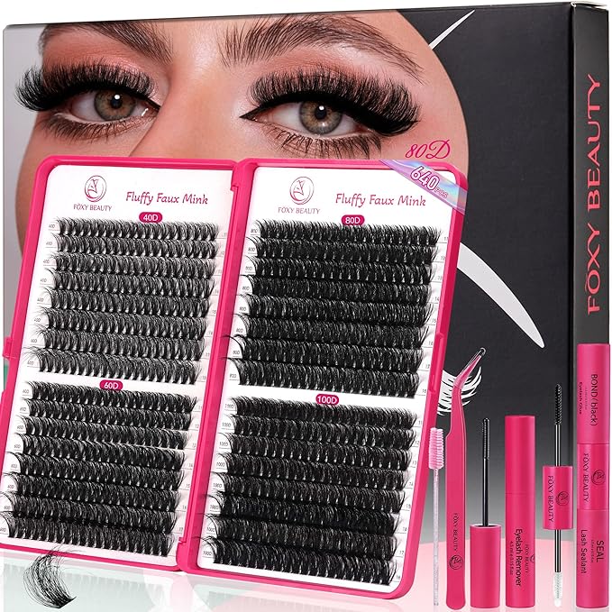 Lashes Fluffy Lash Clusters Thick Lash Clusters Kit Eyelash 640pcs Extension Kit False Eyelashes with Bond Seal Remover D Curl 80D100D 11-18mm