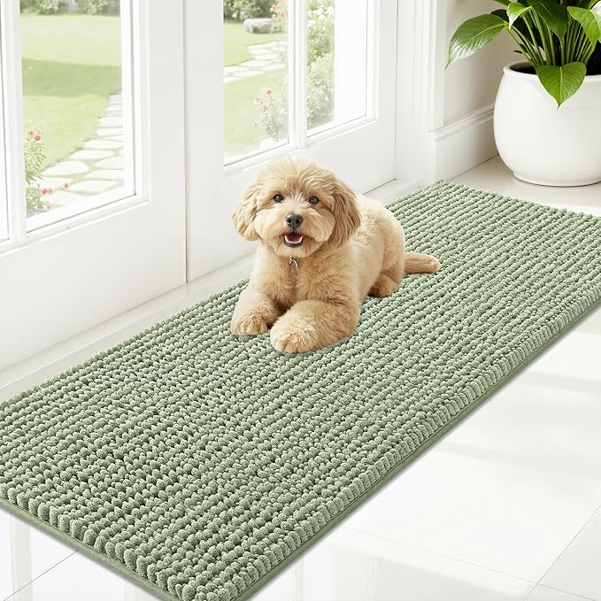 OLANLY Dog Door Mat for Muddy Paws 59x20, Ultra Absorbent Chenille Mud Doormat, Non-Slip Washable and Dirt Trapping Doormat for Indoor Entryway, Quick-Dry Indoor Pet Bed Mats for Dogs, Sage Green