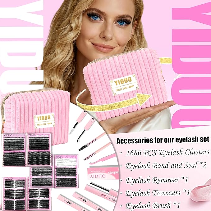 YIDUO Lash Cluster Kit Makeup Bag Set 1686pcs 40D+50D+60D+80D+100+Spikes+Bottom Full Eyelash Cluster Kit Volume Wispy 10-20mm DIY Lashes Extensions with 2X Bond&Seal DlY at Home
