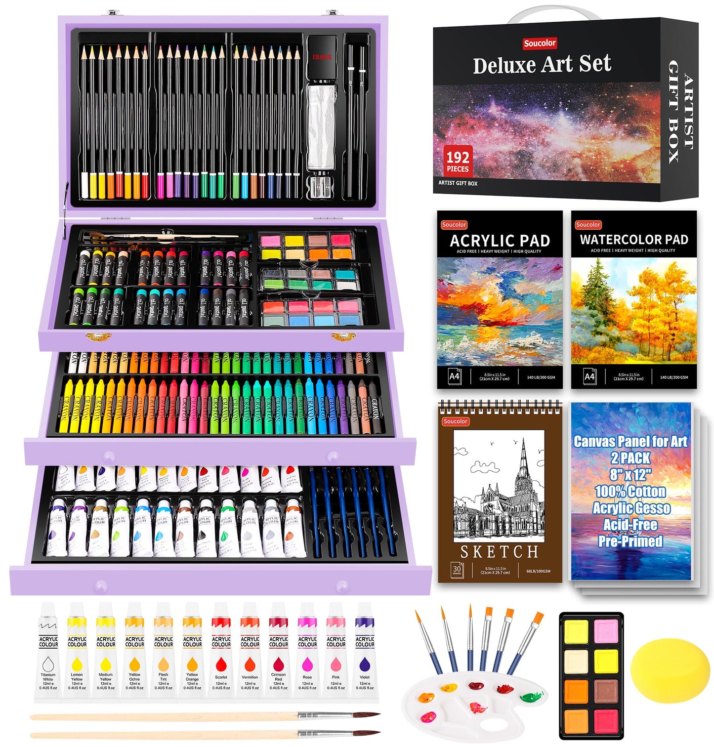 Soucolor Birthday Gifts, Art Supplies, 192-Pack Deluxe Art Set Drawing Painting Supplies Kit with Acrylic Pad, Watercolor Pad, Sketch Book, Canvases, Acrylic Paint, Crayons, Pencils