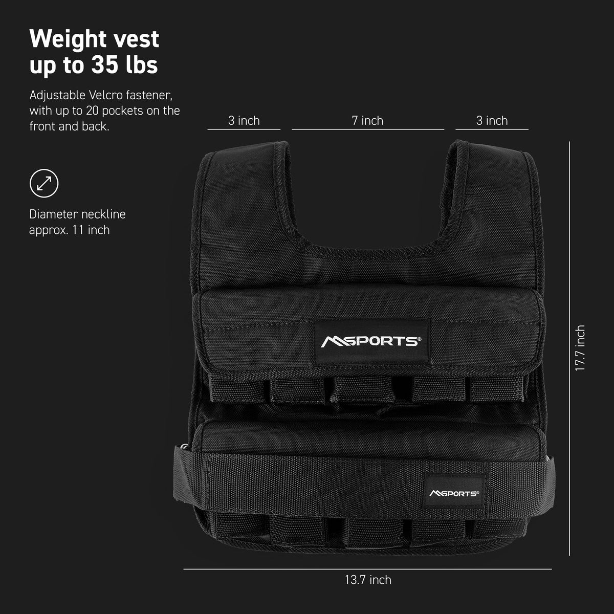 MSPORTS Premium Weighted Vest for Women & Men – Adjustable 11–65 lb, Running Vest, Walking Weighted Vest, Tactical Style Training Vest for CrossFit, Strength, Cardio & Home Workouts (Black, 11 lb)