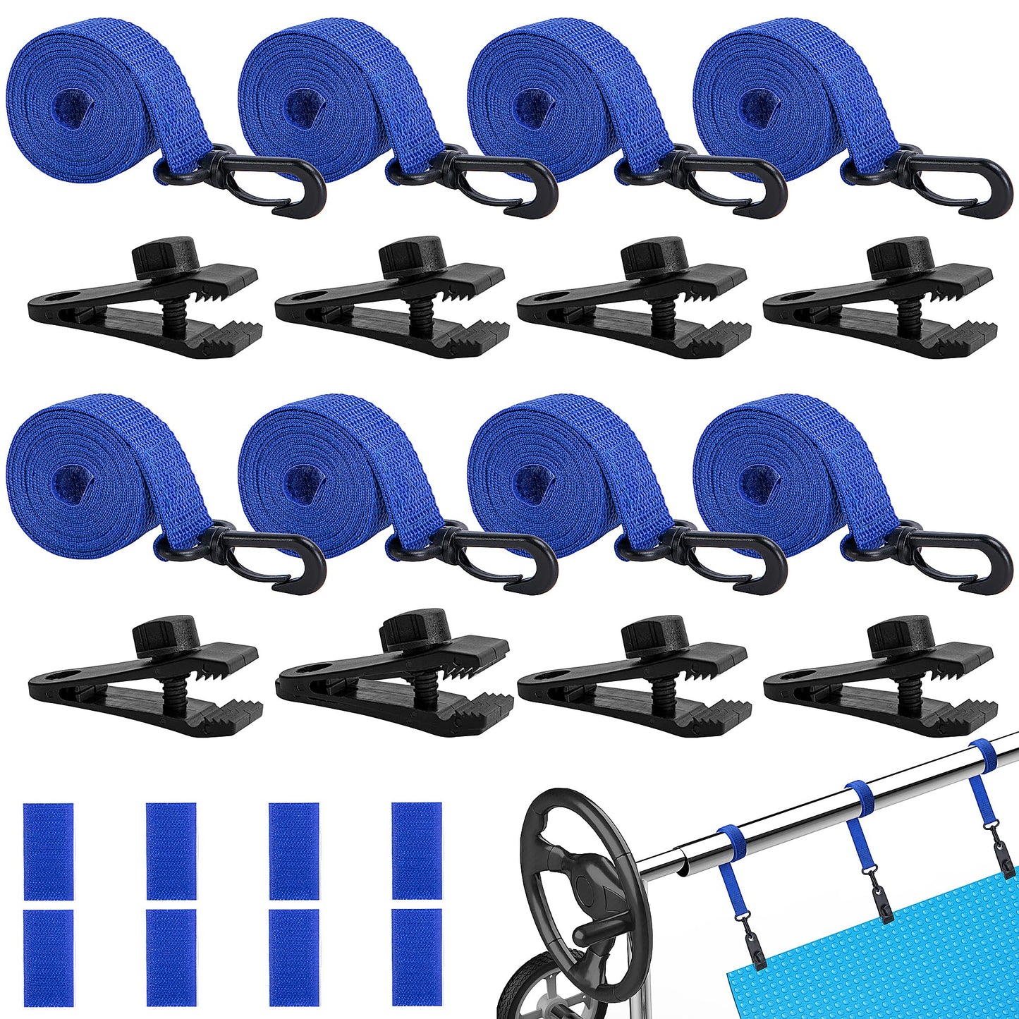 codree 24 Pcs Pool Solar Cover Reel Attachment Kit, Inground Swimming Pool Solar Cover Straps and Clips, Solar Blanket Strap Kit Including 8 Straps with Hooks, 8 Clips and 8 Touch Fastener (Blue)
