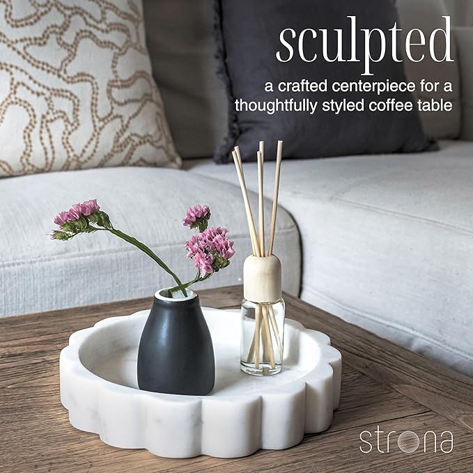 STRONA White Scalloped Marble Tray - 8" Round Stone Vanity Tray for Perfume & Jewelry, Marble Dish for Bathroom Countertop & Kitchen Counter, Decorative Tray for Bathroom & Kitchen, Modern Catchall