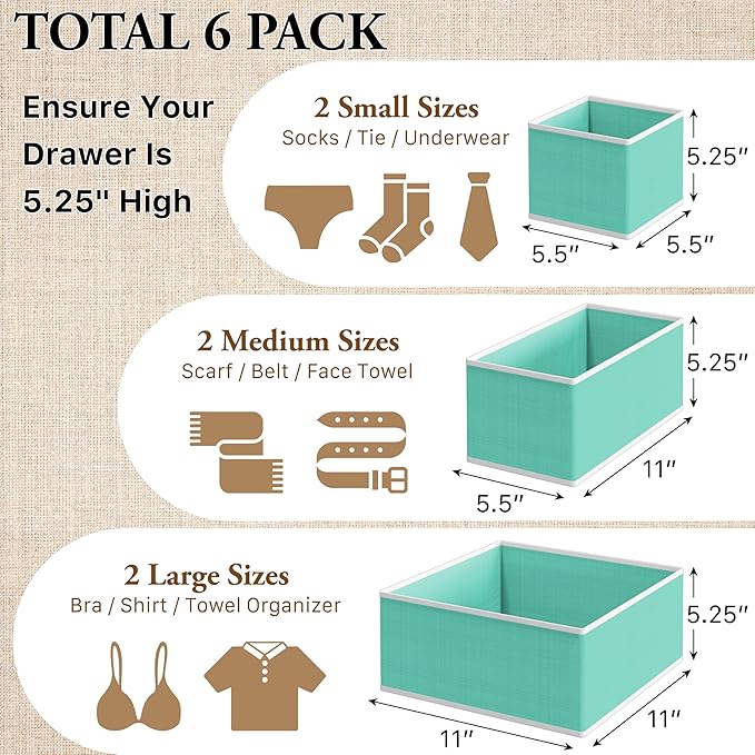 Simple Houseware Underwear Drawer Organizer for Lingerie/Undergarment/Bra/Panty/Sock/Onesie, Set of 6, Turquoise