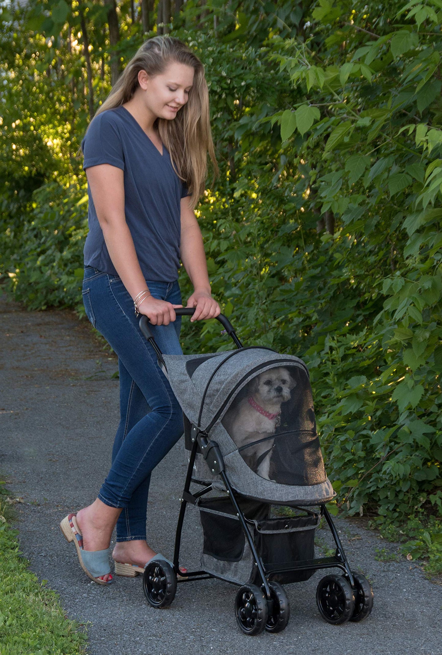 Pet Gear Happy Trails Lite Pet Stroller for Cats/Dogs, Zipper Entry, Easy Fold with Removable Liner, Safety Tether, Storage Basket