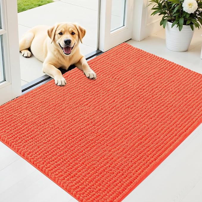 OLANLY Dog Door Mat for Muddy Paws 44x32, Ultra Absorbent Chenille Mud Doormat, Non-Slip Washable and Dirt Trapping Doormat for Indoor Entryway, Quick-Dry Indoor Pet Bed Mats for Dogs, Coral