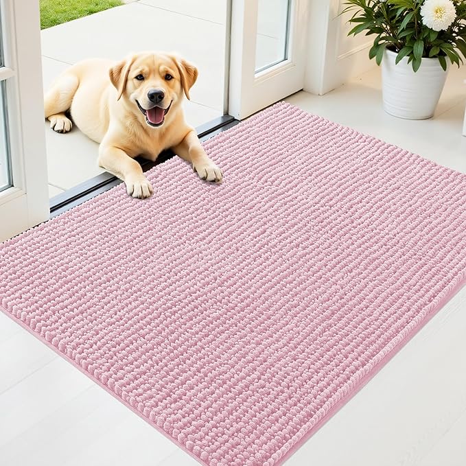 OLANLY Dog Door Mat for Muddy Paws 40x32, Ultra Absorbent Chenille Mud Doormat, Non-Slip Washable and Dirt Trapping Doormat for Indoor Entryway, Quick-Dry Indoor Pet Bed Mats for Dogs, Dusty Rose