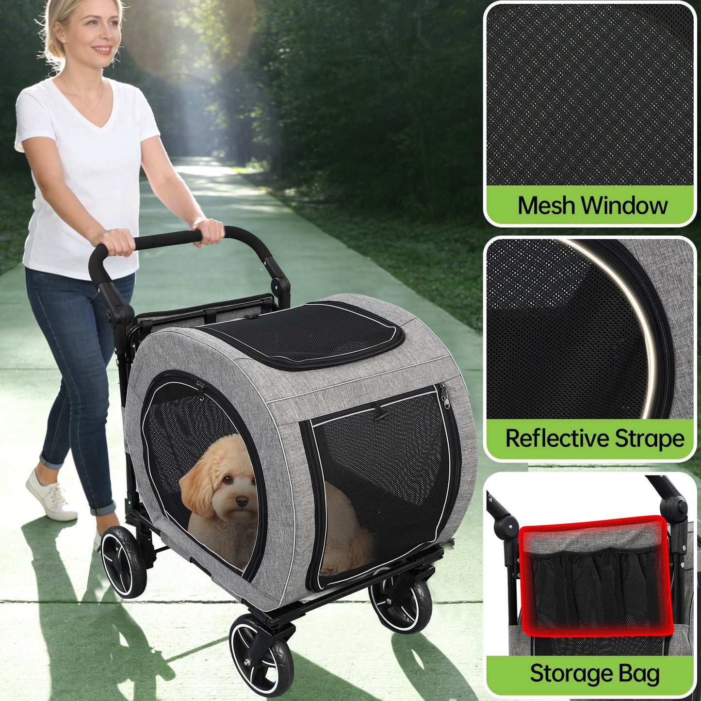 Saudism Pet Stroller for Dogs Cats up to 50 lbs, Foldable Dog Stroller with 360° Swivel Wheels, Detachable Carrier, Adjustable Handle, Travel Dog Stroller for Small Medium Large Pets, Gray