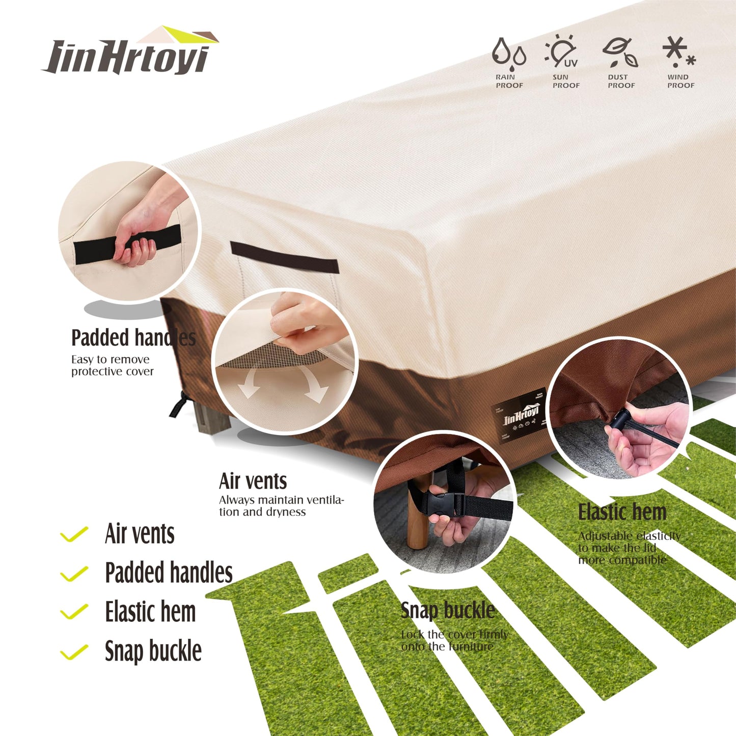 JinHrtoyi Patio Coffee Table Cover,36Wx24Dx16H Inches 100% Waterproof Heavy Duty Outdoor Rectangular Side Table Cover,Beige&Brown Modern Style Outdoor Furniture Covers