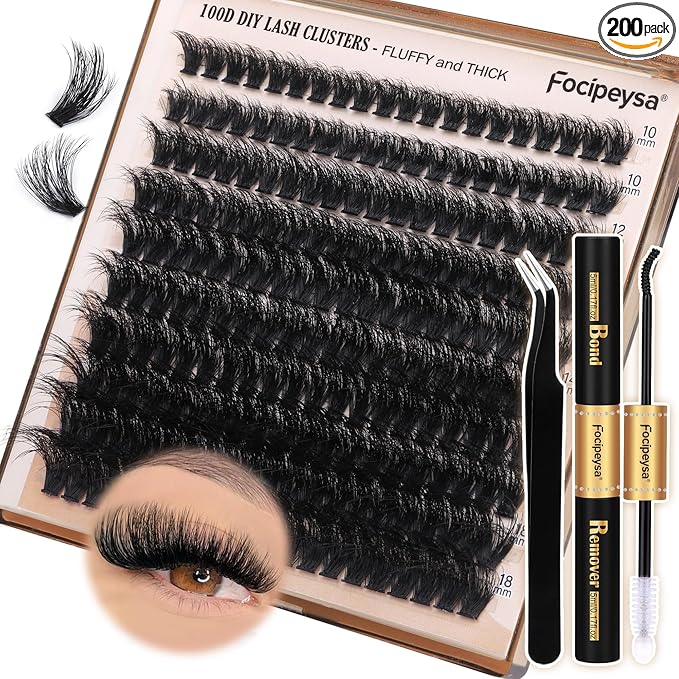 Thick Eyelash Extension Kit Volume Lash Clusters Kit 10-18mm Individual Lashes Clusters 100D DIY Lash Extension Kit 200pcs Clusters Lash with Bond and Remover Lash Applicator by Focipeysa