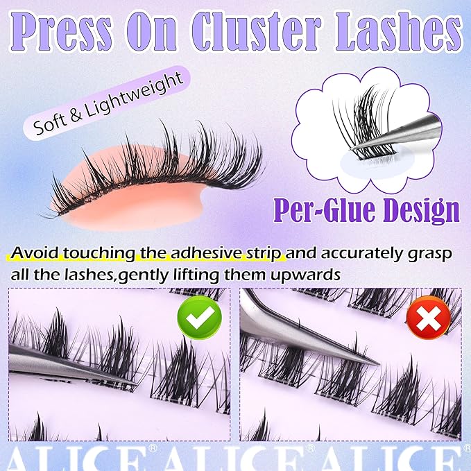 ALICE Self Adhesive Eyelashes Manga Reusable Natural Spikes Self Adhesive Lash Clusters Wispy Anime Press on Lashes 10-14mm 120pcs Pre-Glue Lash Extensions No Glue Needed