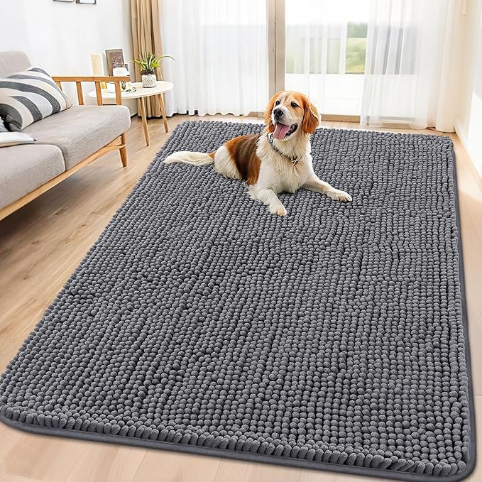 Smiry Dog Door Mat for Muddy Paws 70x35, Absorbs Moisture and Dirt Doormat, Non-Slip Washable Quick Dry Chenille Front Door Mat Indoor Entrance, Entryway Carpet for Inside Floor, Dark Grey