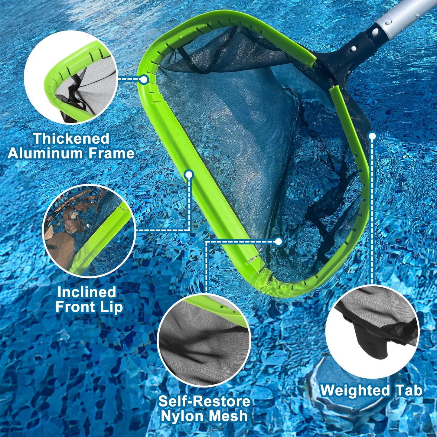 Sepetrel Deluxe Swimming Pool Cleaning Kit Including Professional Leaf Skimmer Net, 17.5" Pool Brush Head,Scrub Brush and 10.5 FT Pole