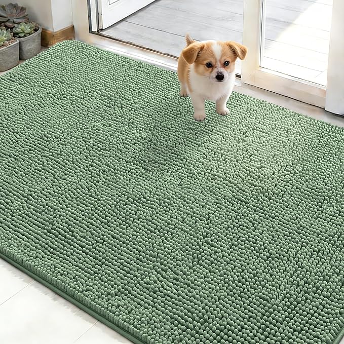 OLANLY Dog Door Mat for Muddy Paws 48x30, Absorbs Moisture and Dirt, Absorbent Non-Slip Washable Doormat, Quick Dry Chenille Mud Mat, Entry Indoor Entryway Carpet for Inside Floor, Olive Green