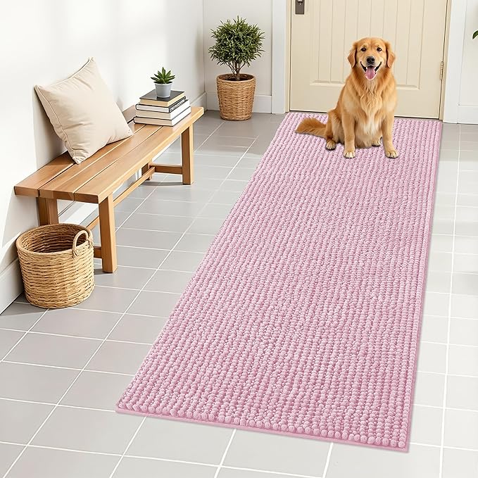 OLANLY Dog Door Mat for Muddy Paws 59x24, Ultra Absorbent Chenille Mud Doormat, Non-Slip Washable and Dirt Trapping Doormat for Indoor Entryway, Quick-Dry Indoor Pet Bed Mats for Dogs, Dusty Rose