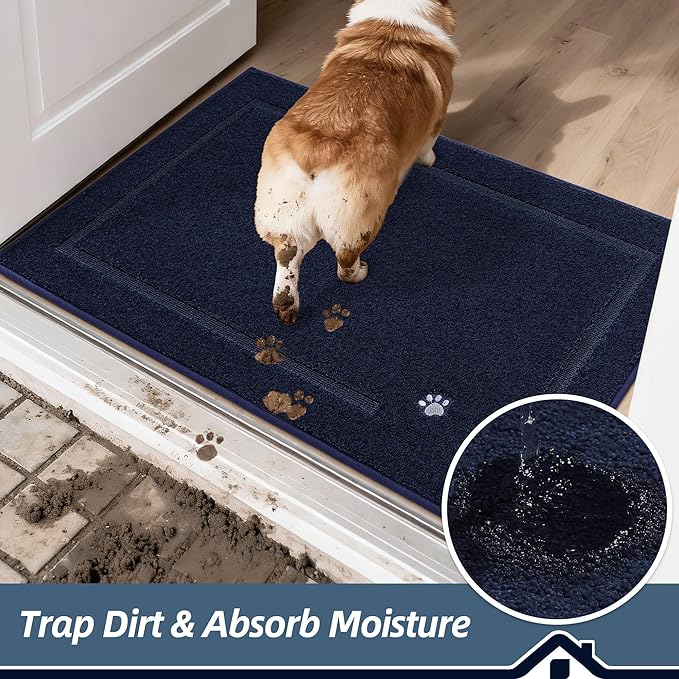 BEQHAUSE Dog Door Mat for Mud Paws Dirt Trapper Doormat Non-Slip Entryway Rugs Absorbent Welcome Mat Washable Indoor Floor Mat Low-Profile for Front Door, 20" x 32", Navy Blue