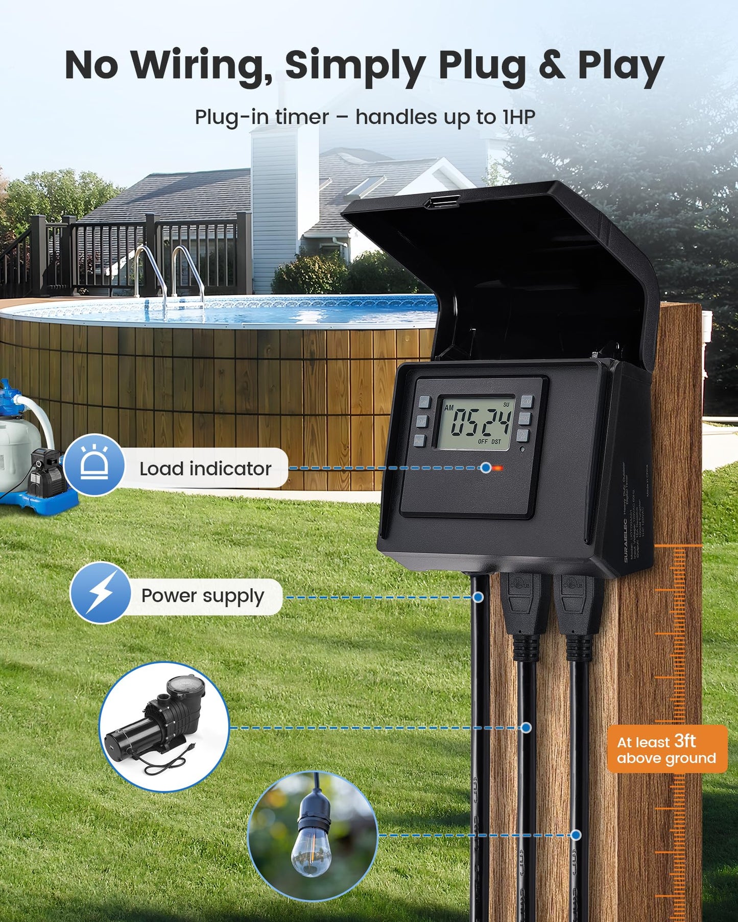 SURAIELEC Digital Pool Timer for Above Ground Pools, NEMA 5-15R Plug-in Timer with Dual Outlets, 15A 125V 1HP, Programmable 7-Day Schedule, Weatherproof Cover, for Pool Pumps, Lights and Salt Systems