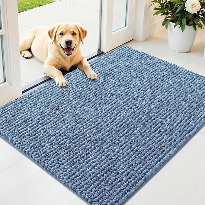OLANLY Dog Door Mat for Muddy Paws 40x32, Ultra Absorbent Chenille Mud Doormat, Non-Slip Washable and Dirt Trapping Doormat for Indoor Entryway, Quick-Dry Indoor Pet Bed Mats for Dogs, Airy Blue