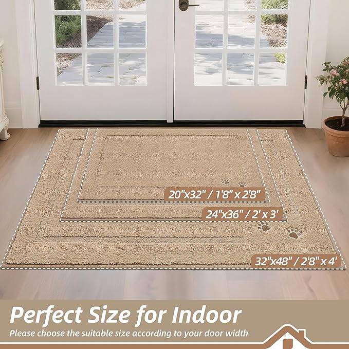 BEQHAUSE Dog Door Mat for Mud Paws Dirt Trapper Doormat Non-Slip Entryway Rugs Absorbent Welcome Mat Washable Indoor Floor Mat Low-Profile for Front Door, 24" x 36", Beige