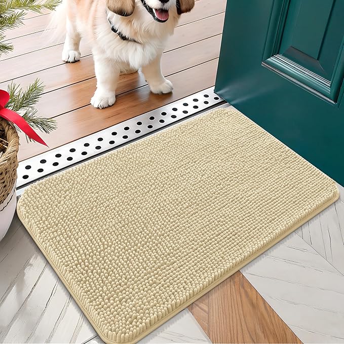 OLANLY Dog Door Mat for Muddy Paws 30x17, Absorbs Moisture and Dirt, Absorbent Non-Slip Washable Doormat, Quick Dry Chenille Mud Mat for Dogs, Entry Indoor Entryway Carpet for Inside Floor, Sand