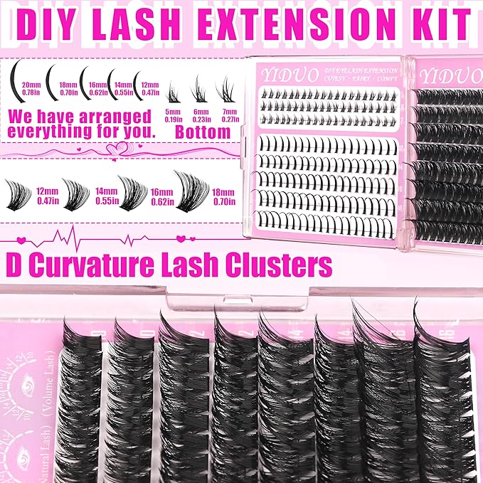 YIDUO 6 Styles Lash Clusters Kit 40D+60D+80D+Manga with Spikes Portable Lash Makeup Bag Kit Volume Studio Effect Lashes Kit 10-18mm Wispy Individual Eyelash Extensions with Lash Bond and Seal