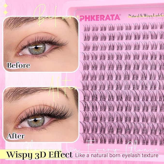 PHKERATA Invisible Band Lash Clusters Kit Wispy Lash Extension Kit Natural Eyelash Clusters DIY Cluster Eyelash Extension Kit Individual Lashes with Lash Glue Bond and Seal Tweezers, 8-16 mm