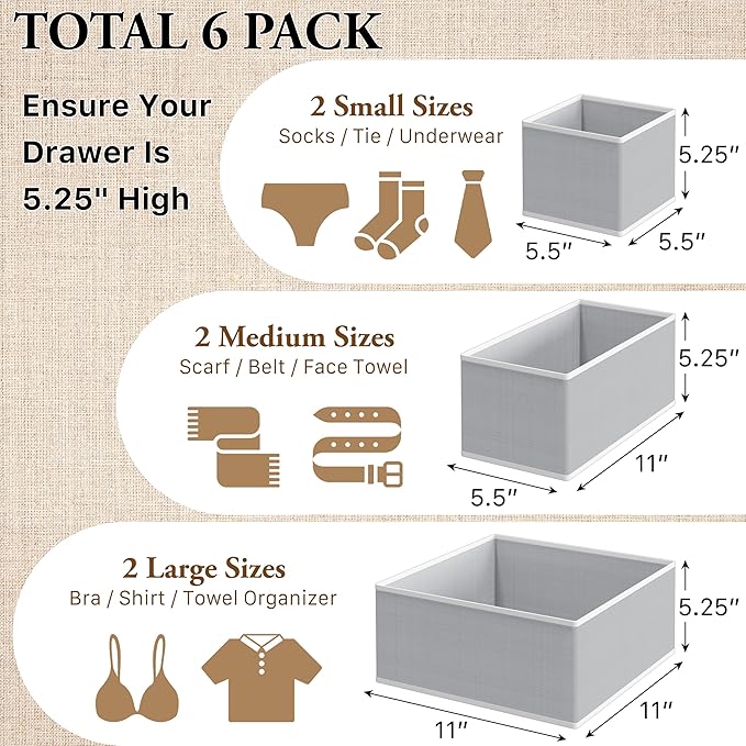 Simple Houseware Underwear Drawer Organizer for Lingerie/Undergarment/Bra/Panty/Sock/Onesie, Set of 6, Gray