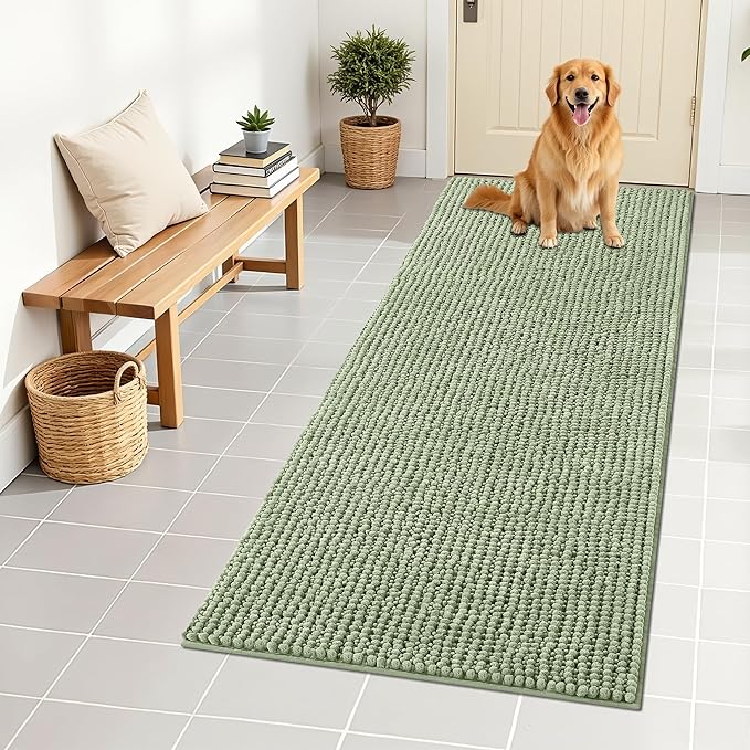 OLANLY Dog Door Mat for Muddy Paws 59x24, Ultra Absorbent Chenille Mud Doormat, Non-Slip Washable and Dirt Trapping Doormat for Indoor Entryway, Quick-Dry Indoor Pet Bed Mats for Dogs, Sage Green