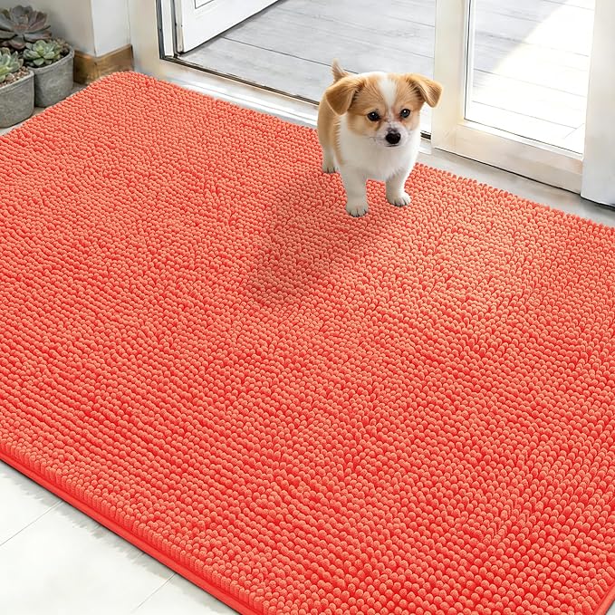 OLANLY Dog Door Mat for Muddy Paws 48x30, Absorbs Moisture and Dirt, Absorbent Non-Slip Washable Doormat, Quick Dry Chenille Mud Mat for Dogs, Entry Indoor Entryway Carpet for Inside Floor, Coral