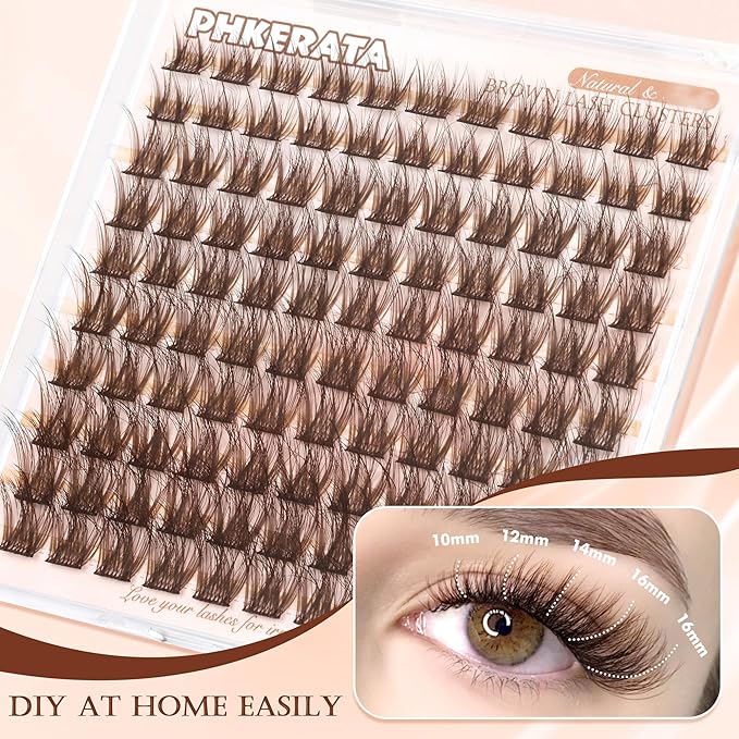 PHKERATA Brown Lash Clusters Wispy Brown Eyelash Clusters Wispy Lashes Clusters Natural C Curvature Cluster Eyelash Extensions 110 Pcs Individual Lashes DIY Cluster Lashes, 10-16 mm