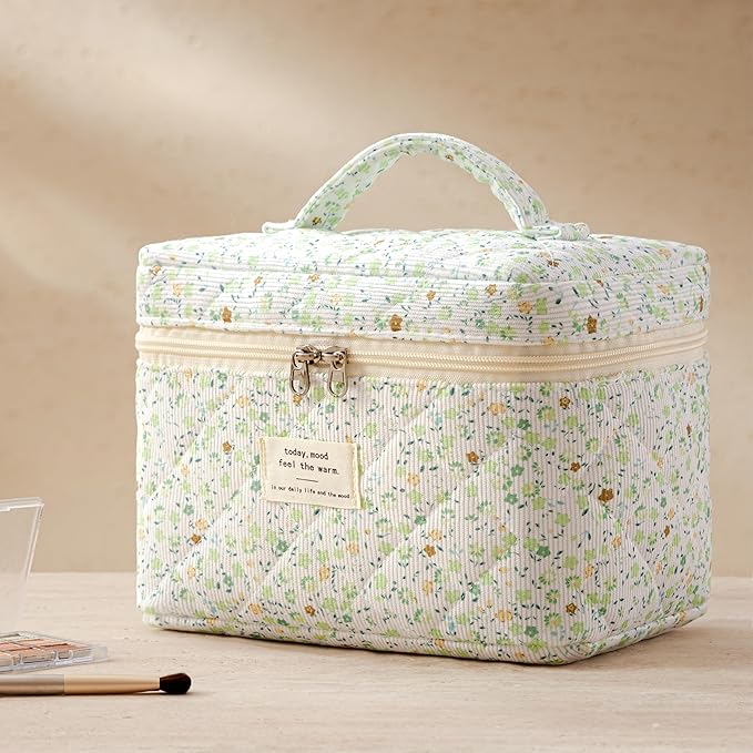 HBselect Quilted Makeup Bag, 3PCS Cotton Large Travel Makeup Bag, Cute Floral Coquette Make up Bag Cosmetic Bag Toiletry Bag for Women Girls
