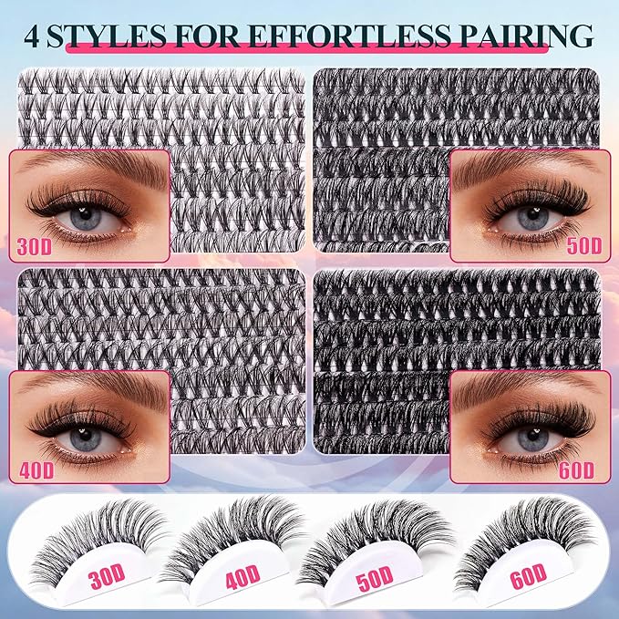 Lash Clusters 30D40D50D60D Lashes Natural Fluffy Eyelash Extensions D Curl With Bottom Eyelashes for Starter DIY at Home
