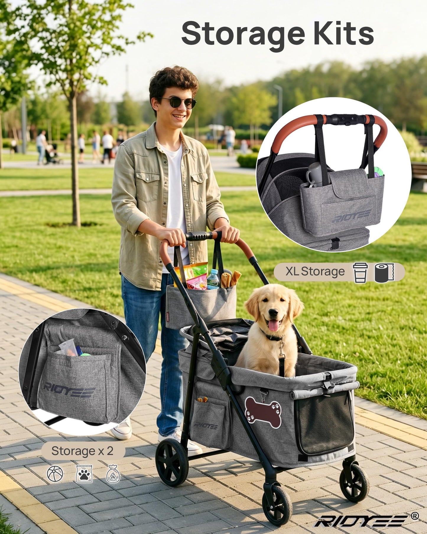 RIDYEE Dog Stroller for Small & Medium Dogs & Cats up to 44 lbs – Foldable, Lightweight, All-Terrain Shock Absorbing Wheels, Ventilated & Fully Shaded, Low-Entry Design