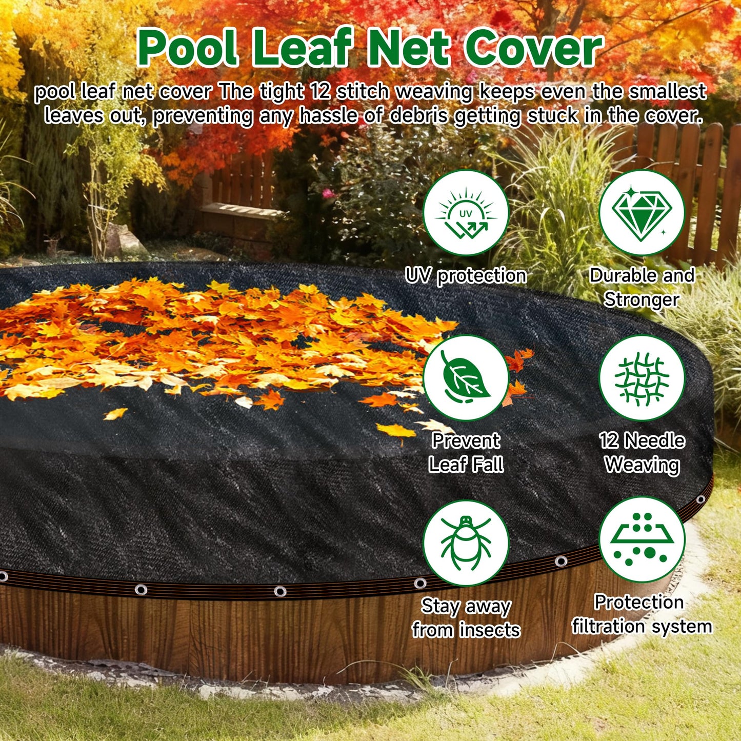 Pool Leaf Net Cover 24 ft Round, Fine Mesh Leaf Net for Above Ground Pool, Winter Pool Cover 24 ft Round Above Ground with 96FT Rope,Cover Size: 27-Feet Dia