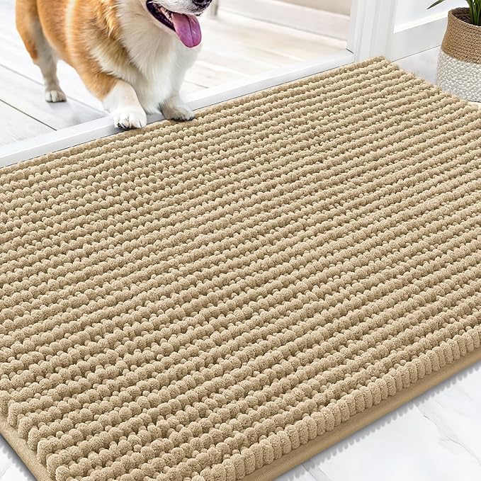 OLANLY Dog Door Mat for Muddy Paws 30x20, Ultra Absorbent Chenille Mud Doormat, Non-Slip Washable and Dirt Trapping Doormat for Indoor Entryway, Quick-Dry Indoor Pet Bed Mats for Dogs, Beige